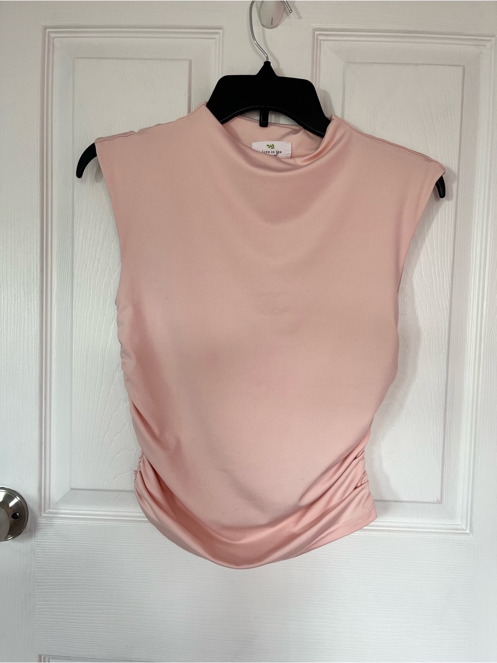 Live in the Moment pink sleeveless mock neck top with ruched detail, size Medium